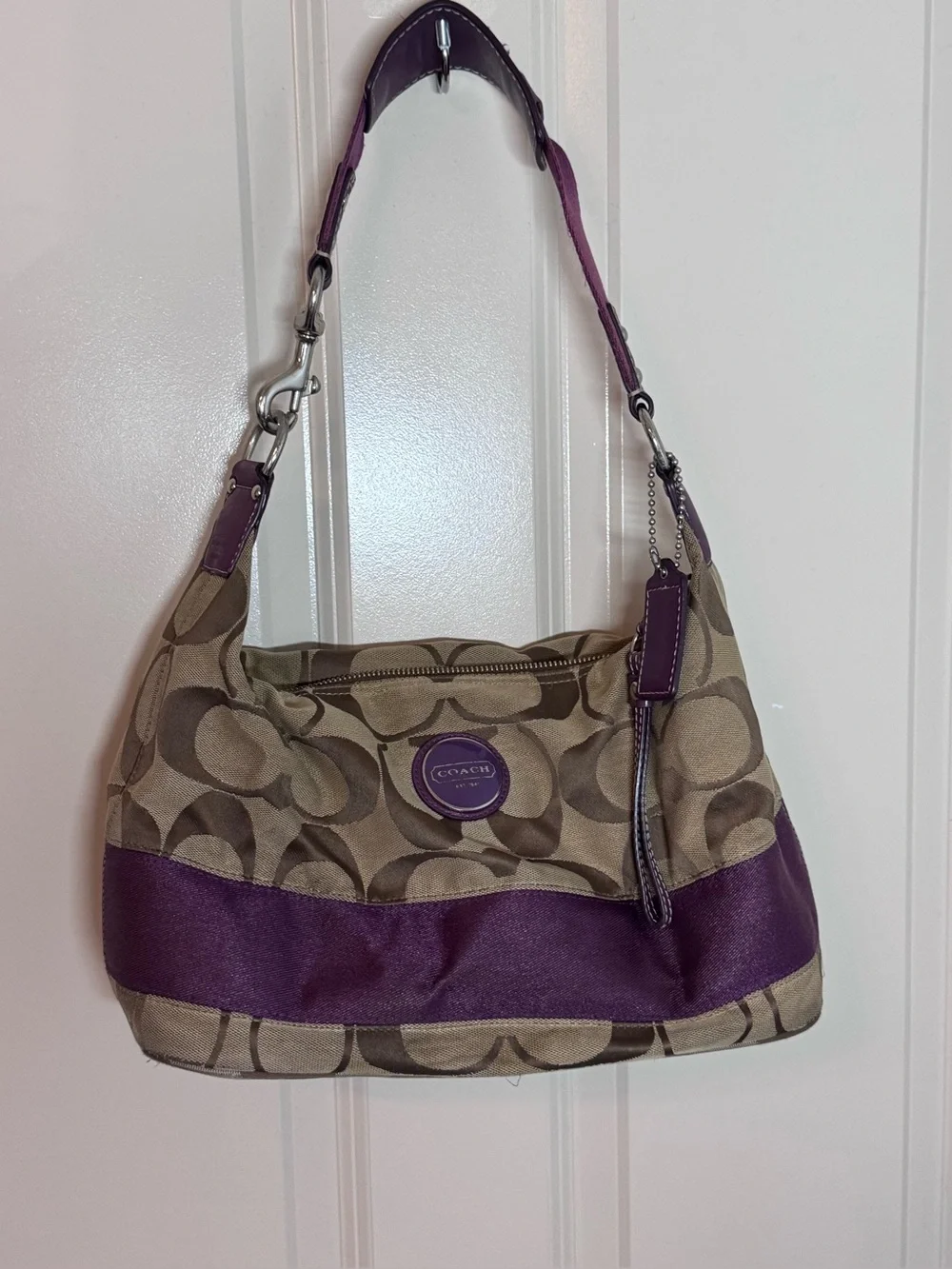 Coach Khaki Signature Canvas Shoulder Bag with Purple Trim